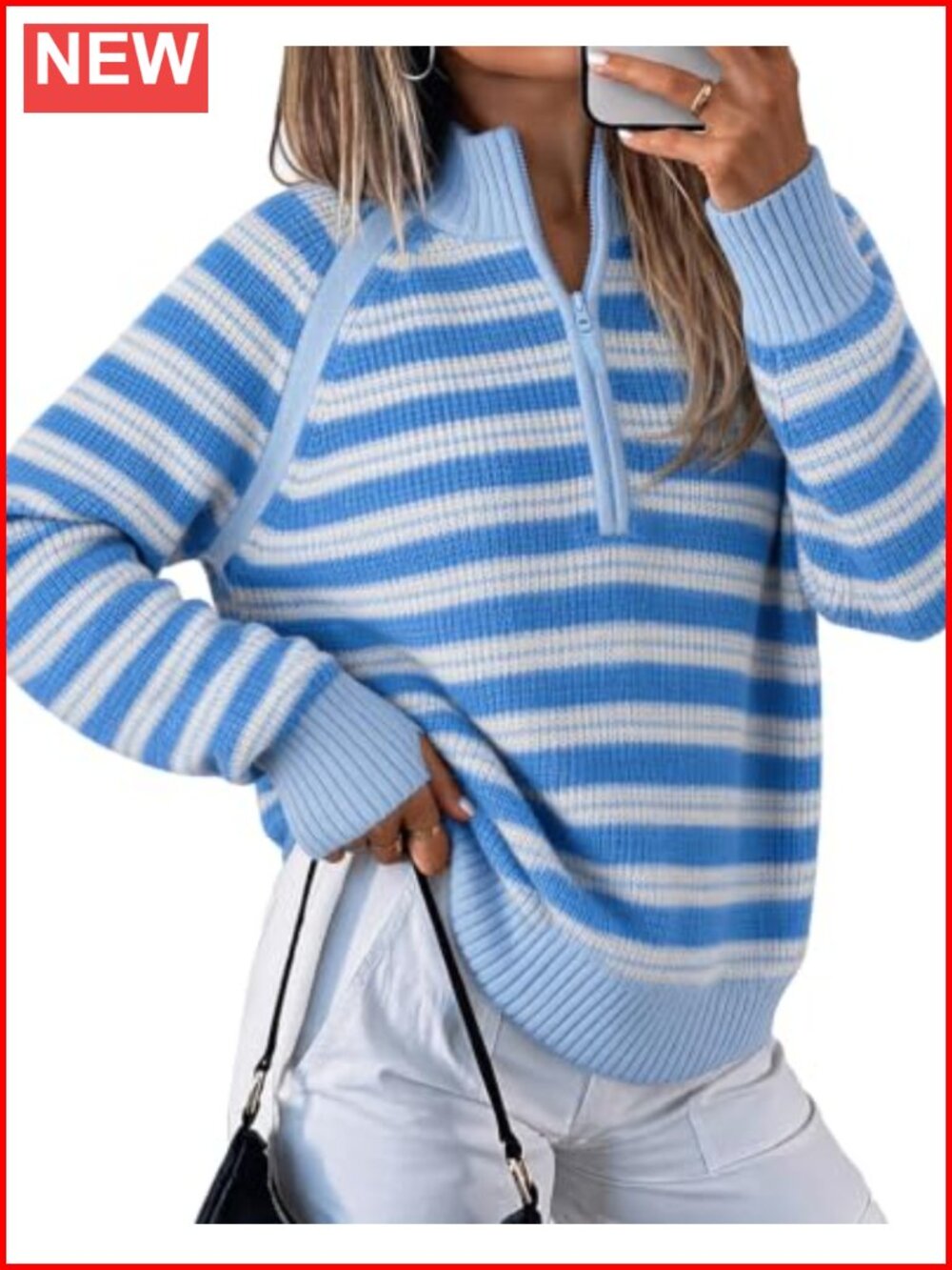 Half Zip Striped Pullover Ribbed Knit Sweater Oversized Mock Neck